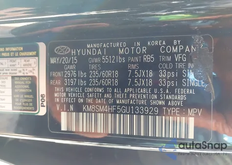 2016 Hyundai Santa Fe Se z USA, uszkodzony, nr VIN KM8SM4HF5GU133929